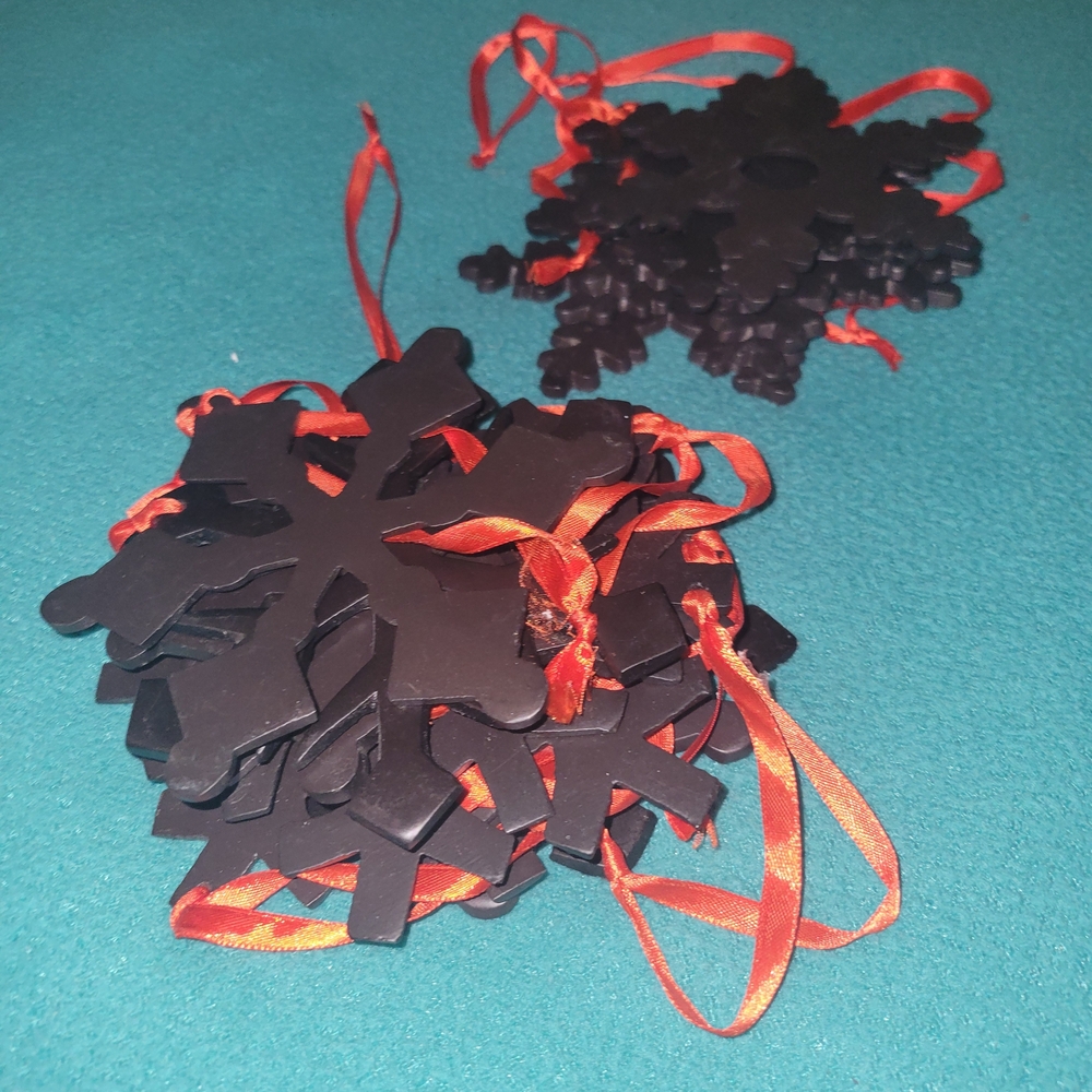 Black Snowflake Ornaments with Red Ribbon